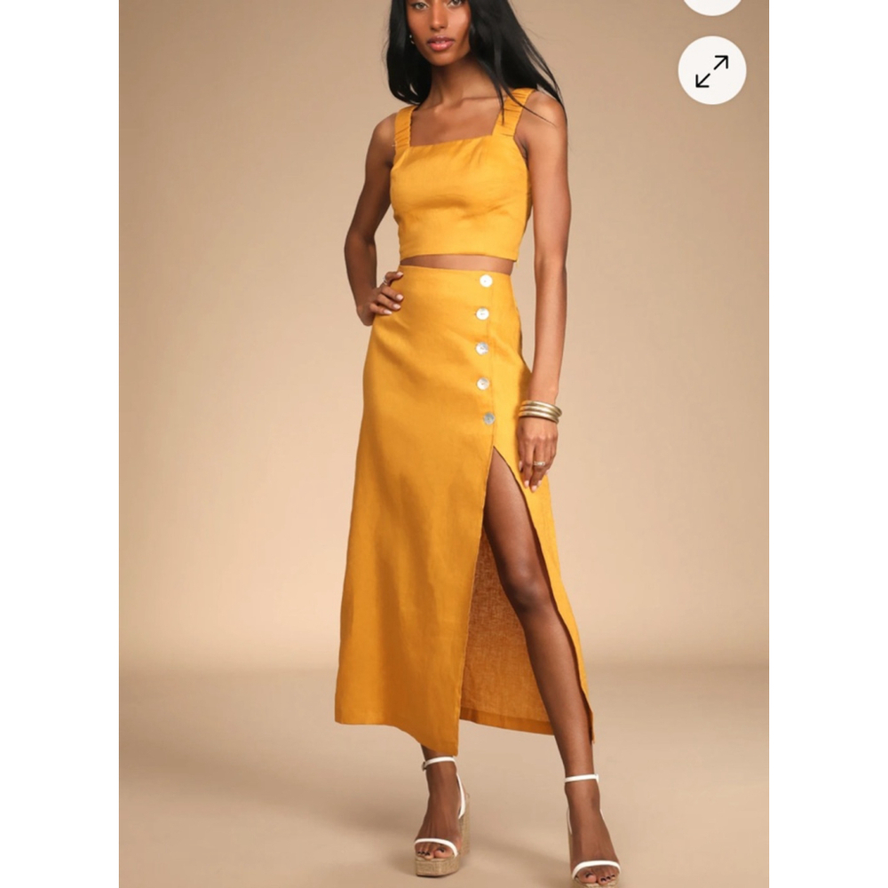 Lulus Caught in Cannes Mustard High-Waisted Side Button Midi Skirt size small